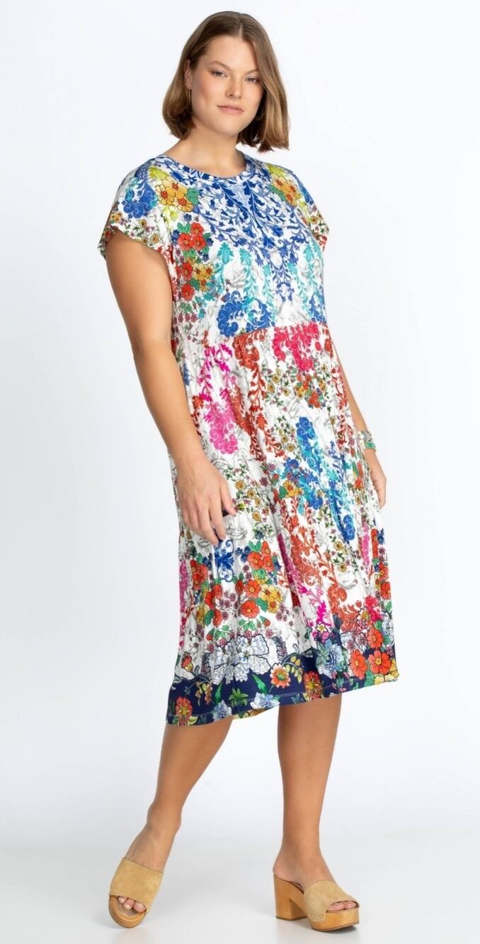 JOHNNY WAS Shellinay Tiered Tea Length Midi Dress Boho Stretch Bamboo | M EUC